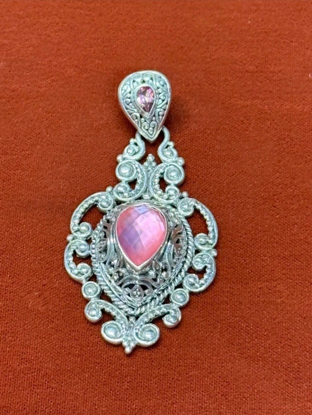 Sarda Sterling Silver Pear Peach MOP Triplet & Magniique Sunrise Topaz Pendant